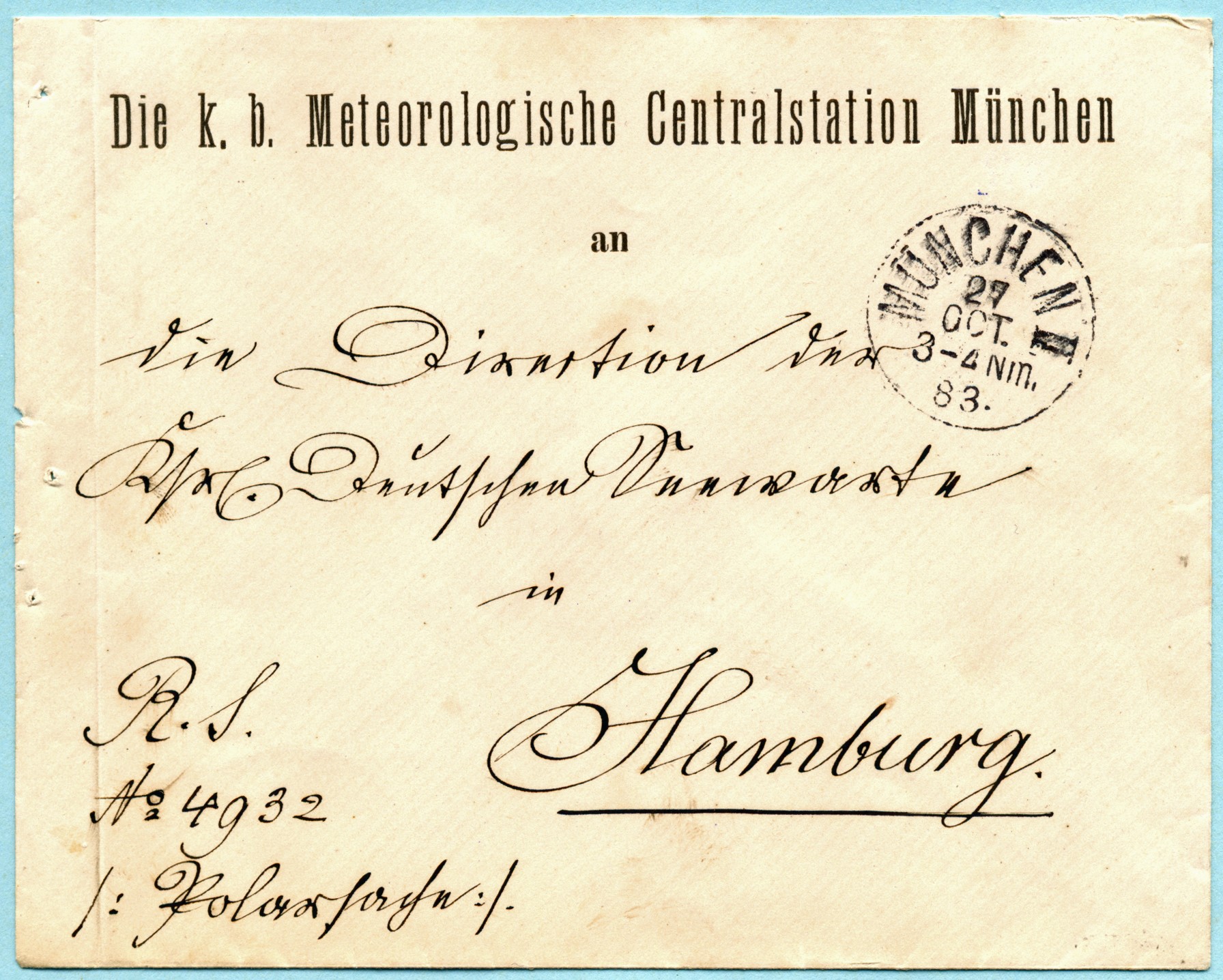 1883 Portofreier Dienstbrief von der „Königlich Bayerischen Meteorologischen Centralanstalt“